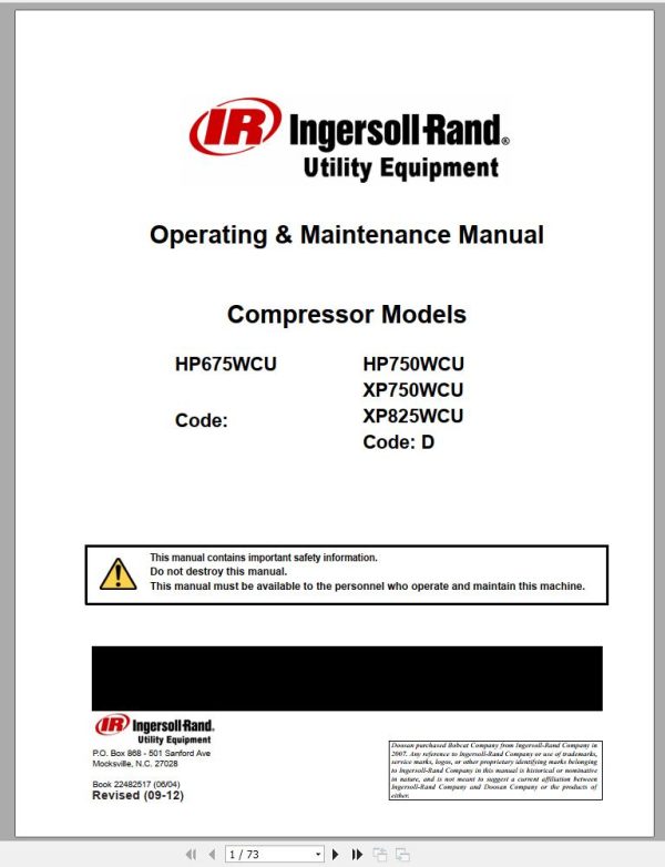 Ingersoll Rand Portable Compressor HP750 Parts Manual Operation and Maintenance Manual 2013