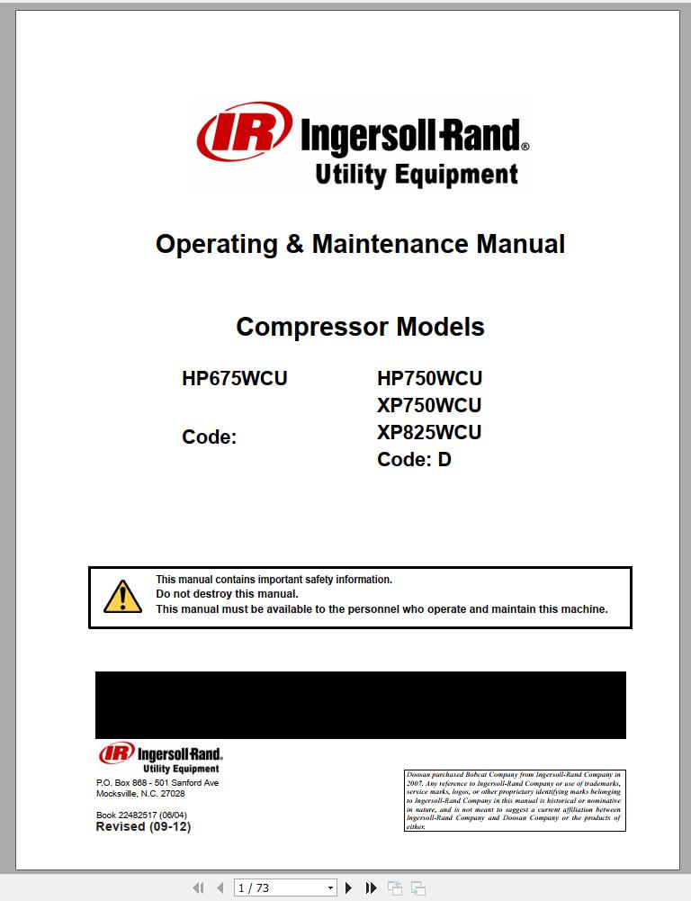 Ingersoll Rand Portable Compressor HP750 Parts Manual Operation and Maintenance Manual 2013