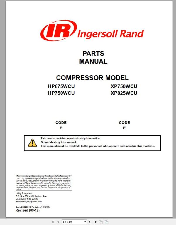 Ingersoll Rand Portable Compressor HP750 Parts Manual Operation and Maintenance Manual 2013 1