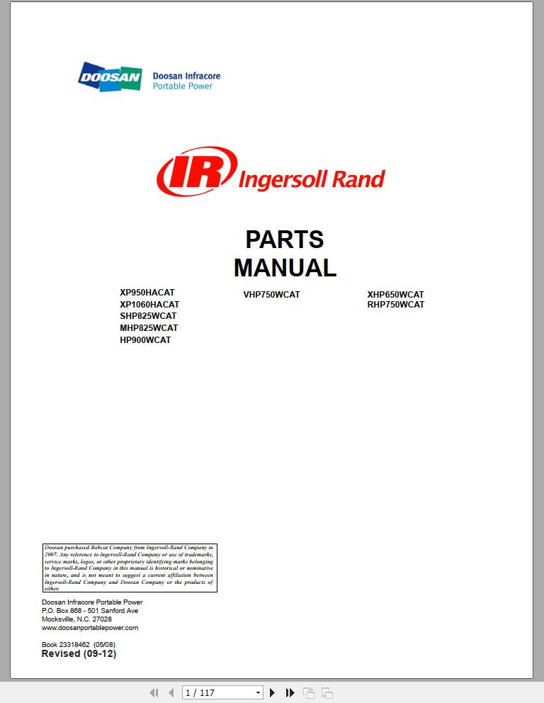 Ingersoll Rand Portable Compressor HP900 Parts Manual 2012