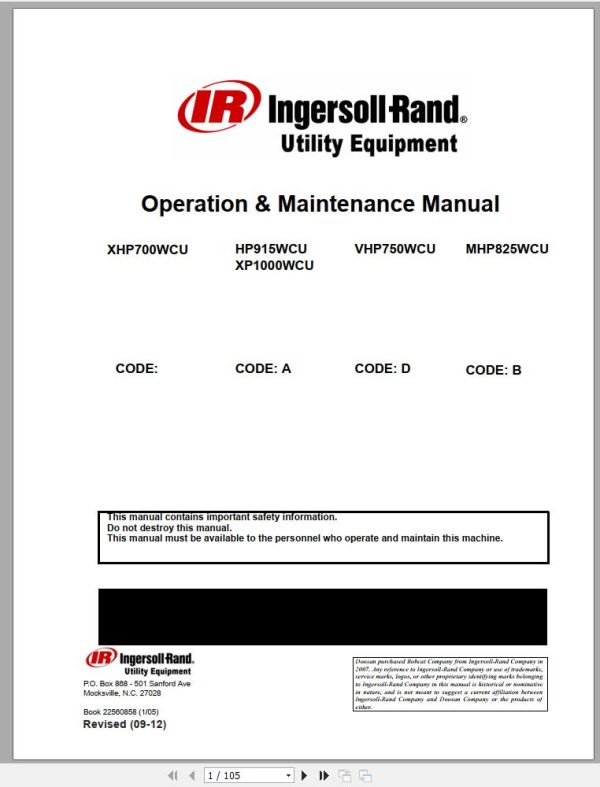 Ingersoll Rand Portable Compressor HP915 Parts Manual Operation and Maintenance Manual 2016