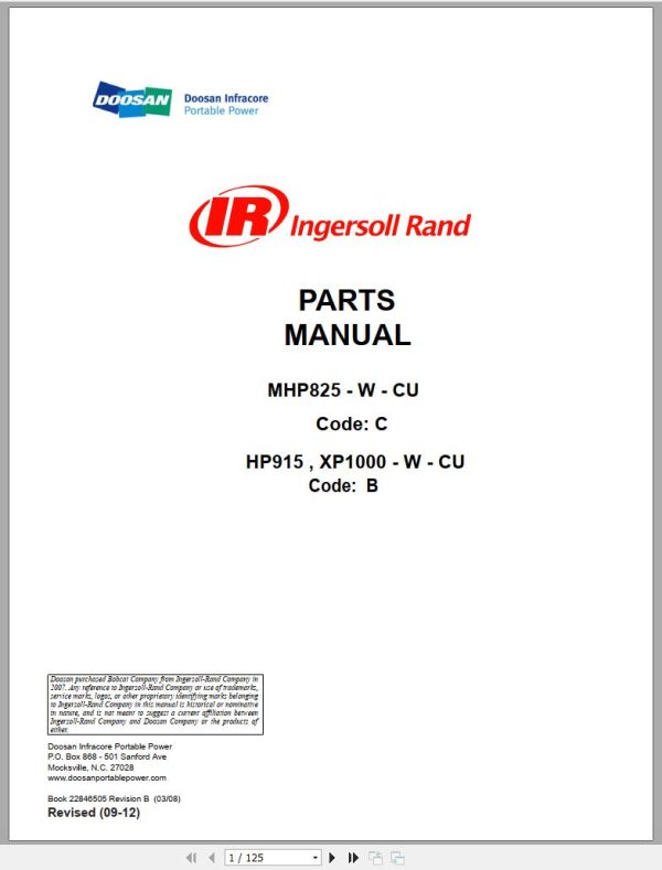 Ingersoll Rand Portable Compressor HP915 Parts Manual Operation and Maintenance Manual 2016 1