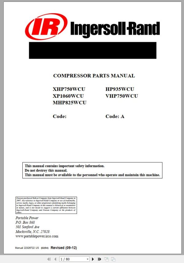 Ingersoll Rand Portable Compressor HP935 Parts Manual 2013