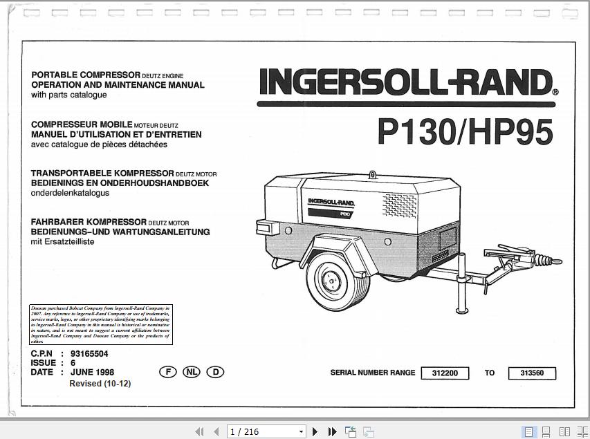 Ingersoll Rand Portable Compressor HP95 Operation and Maintenance Manual 2012