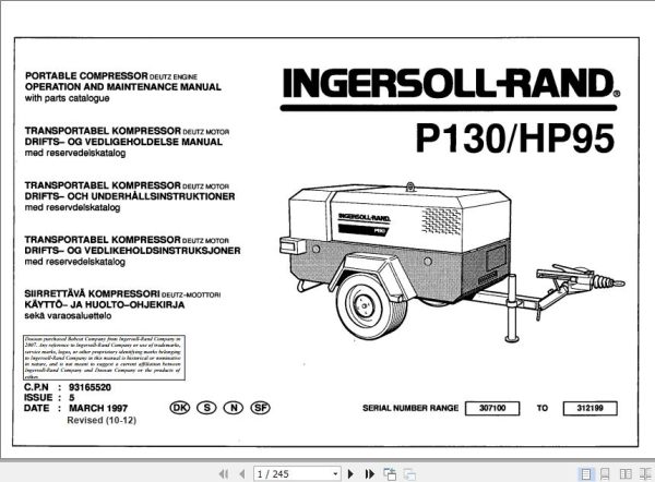 Ingersoll Rand Portable Compressor HP95 Operation and Maintenance Manual 2012 1
