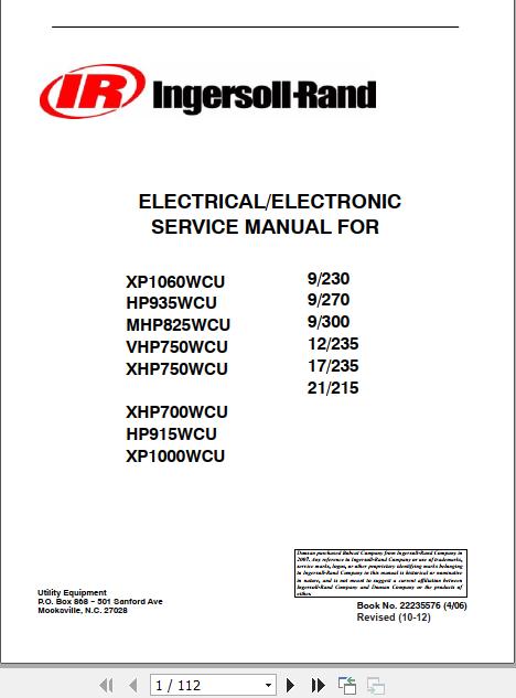 Ingersoll Rand Portable Compressor MHP825 Operation and Maintenance Manual 2012