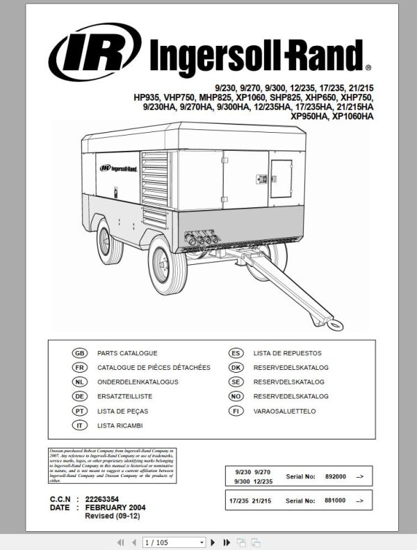 Ingersoll Rand Portable Compressor MHP825 Parts Manual Operation and Maintenance Manual 2012