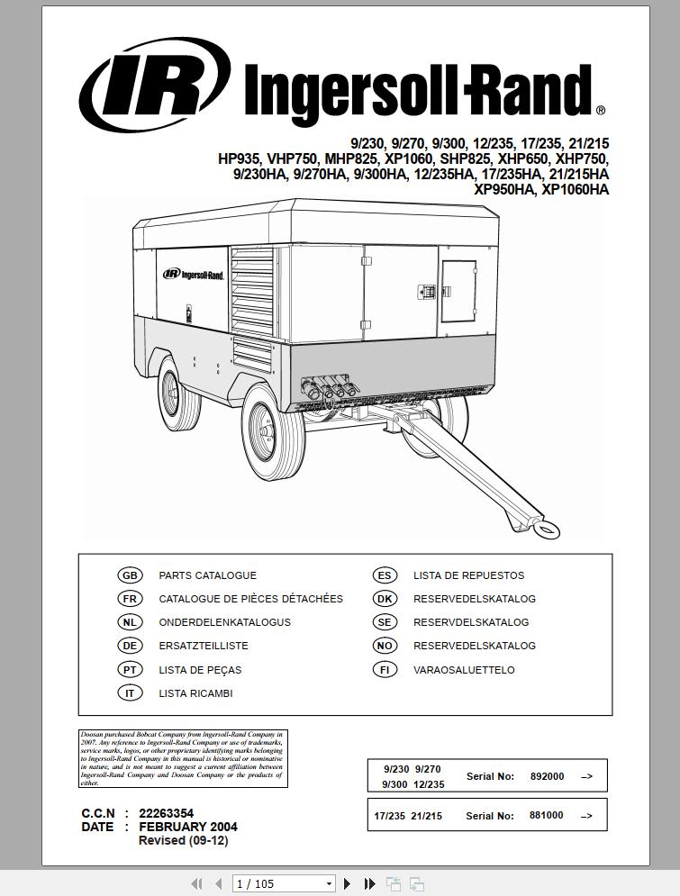 Ingersoll Rand Portable Compressor MHP825 Parts Manual Operation and Maintenance Manual 2012