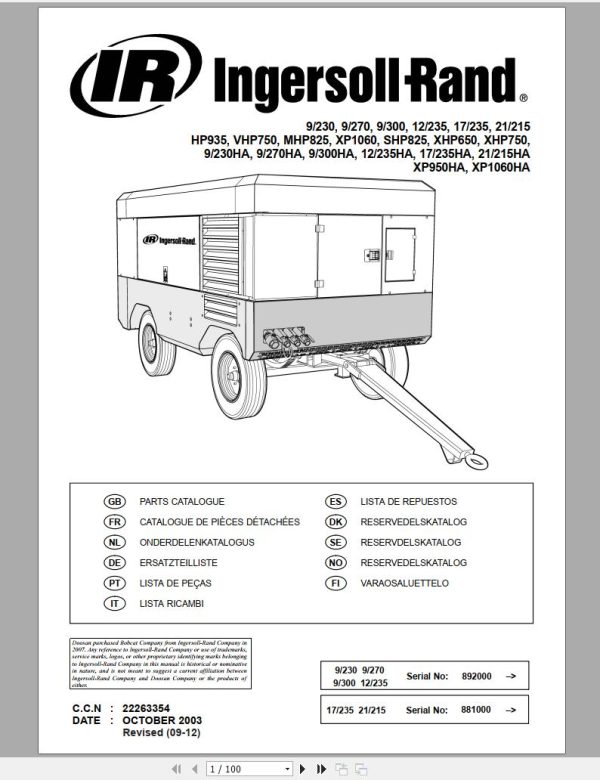 Ingersoll Rand Portable Compressor MHP825 Parts Manual Operation and Maintenance Manual 2012 1