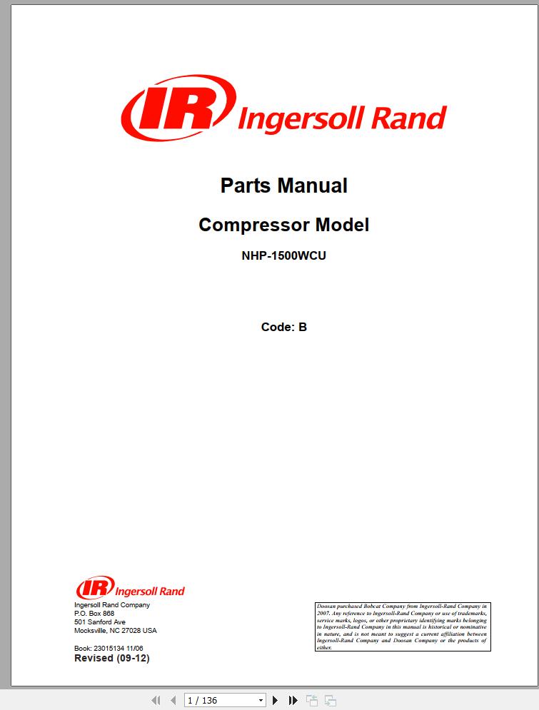 Ingersoll Rand Portable Compressor NHP1500 Parts Manual Operation and Maintenance Manual 2013