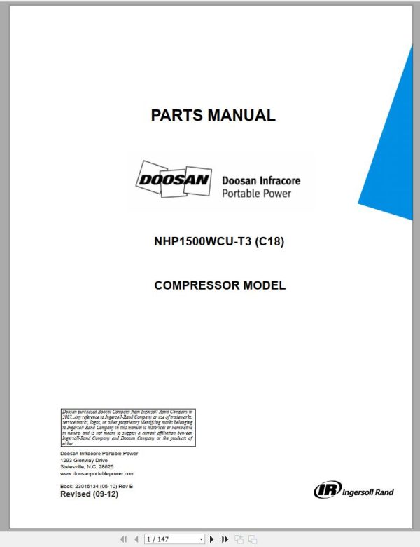 Ingersoll Rand Portable Compressor NHP1500 Parts Manual Operation and Maintenance Manual 2013 1