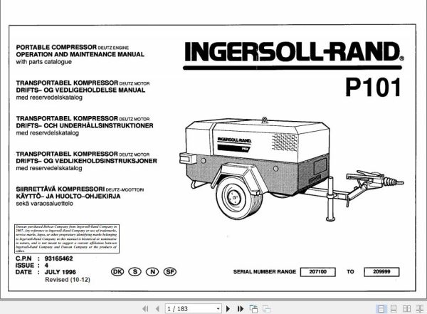 Ingersoll Rand Portable Compressor P101 Operation and Maintenance Manual 2012