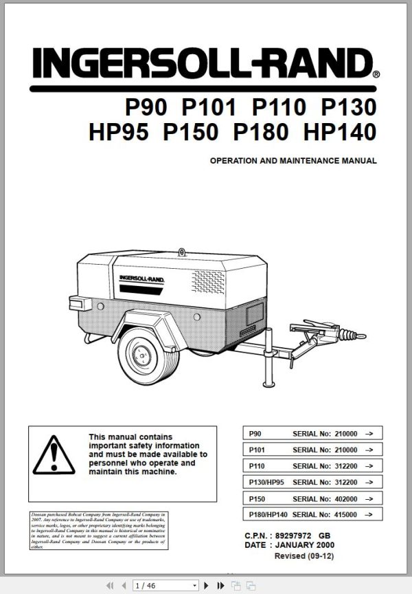 Ingersoll Rand Portable Compressor P101 Parts Manual Operation and Maintenance Manual 2012