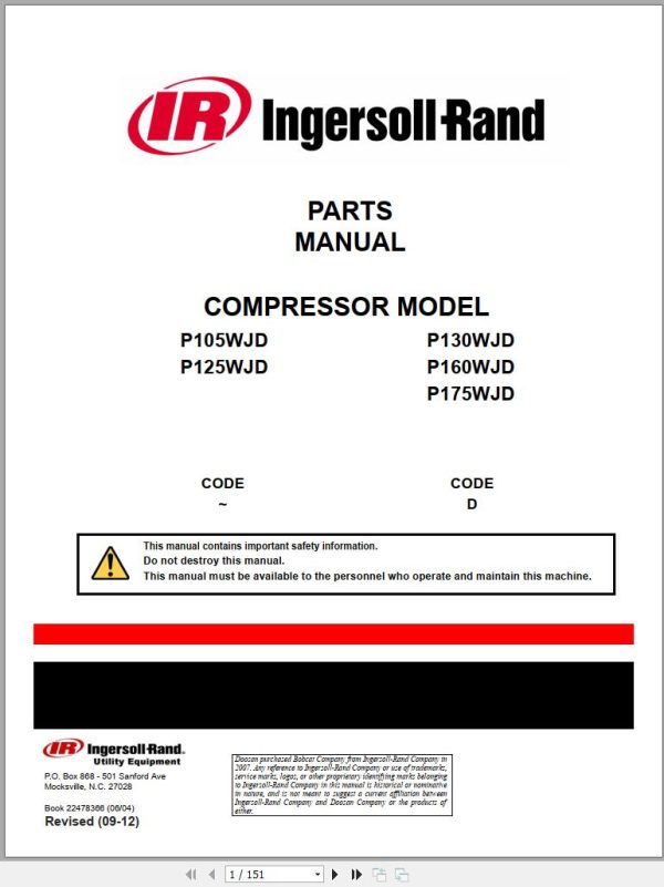 Ingersoll Rand Portable Compressor P105 Parts Manual Operation and Maintenance Manual 2012