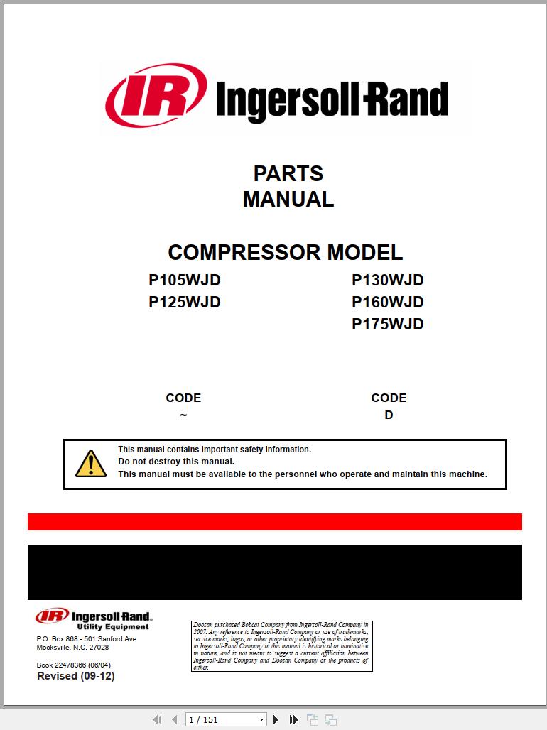 Ingersoll Rand Portable Compressor P105 Parts Manual Operation and Maintenance Manual 2012