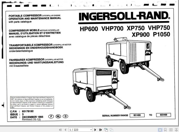 Ingersoll Rand Portable Compressor P1050 Operation and Maintenance Manual 2012
