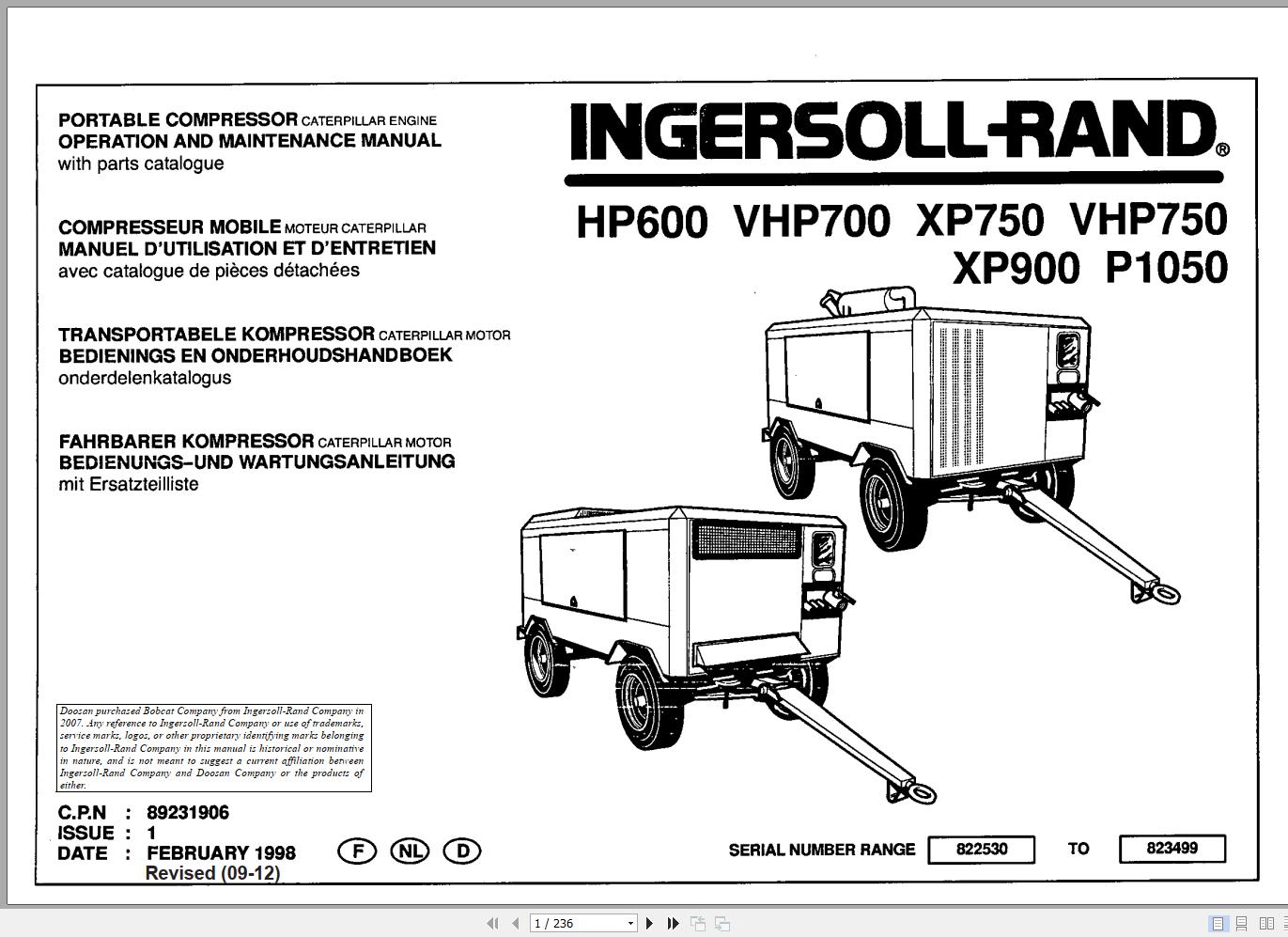 Ingersoll Rand Portable Compressor P1050 Parts Manual Operation and Maintenance Manual 2012