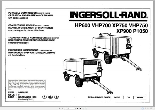 Ingersoll Rand Portable Compressor P1050 Parts Manual Operation and Maintenance Manual 2012 1