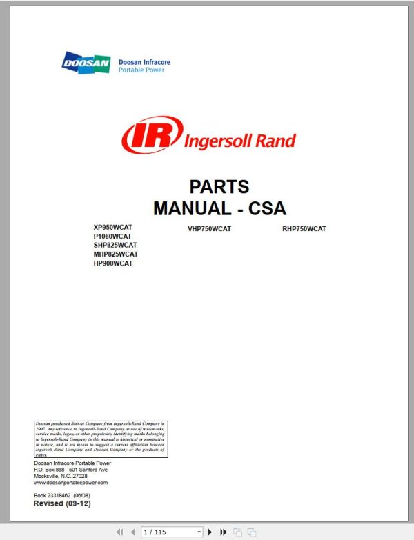 Ingersoll Rand Portable Compressor P1060 Parts Manual 2012