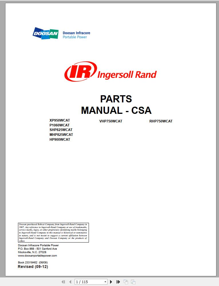 Ingersoll Rand Portable Compressor P1060 Parts Manual 2012