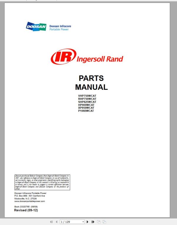 Ingersoll Rand Portable Compressor P1060 Parts Manual 2012 1
