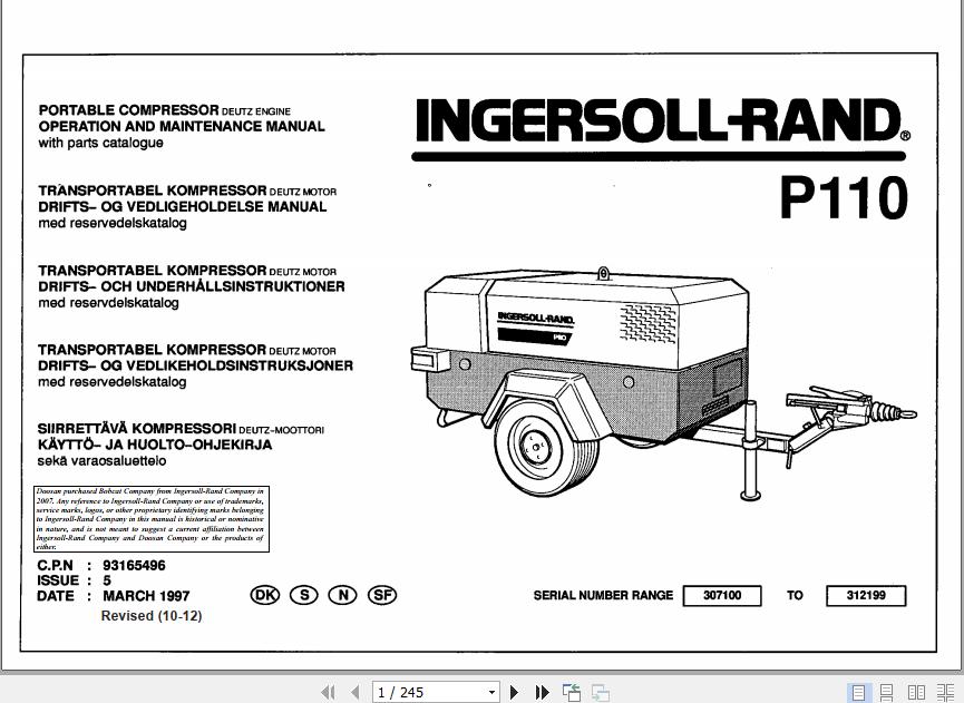 Ingersoll Rand Portable Compressor P110 Operation and Maintenance Manual 2012