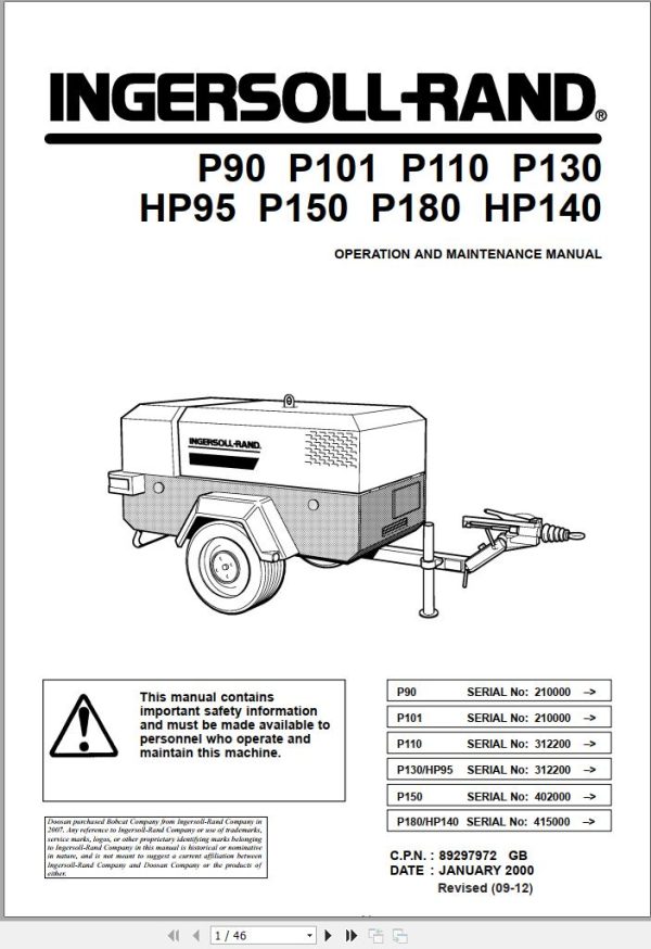 Ingersoll Rand Portable Compressor P110 Parts Manual Operation and Maintenance Manual 2012
