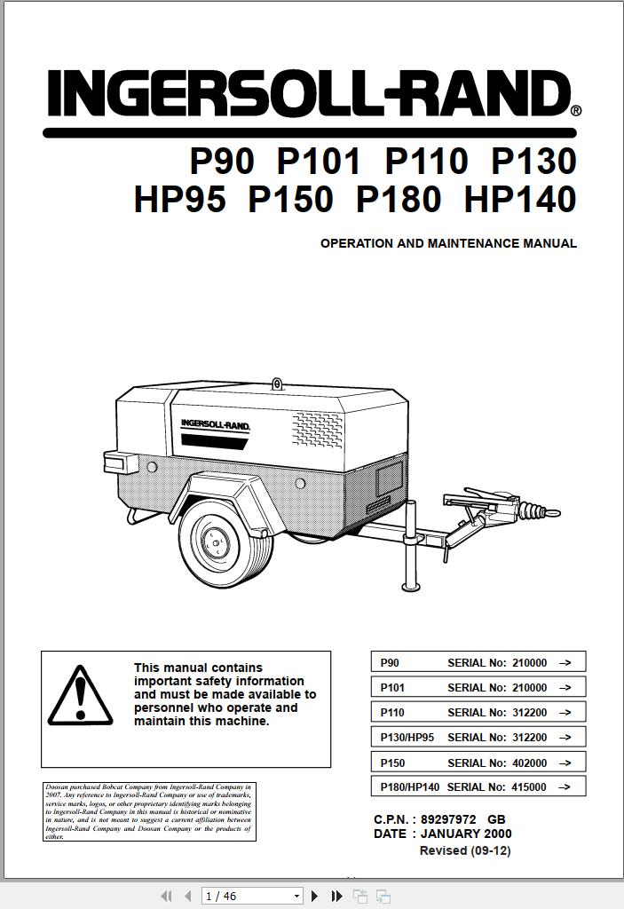 Ingersoll Rand Portable Compressor P110 Parts Manual Operation and Maintenance Manual 2012