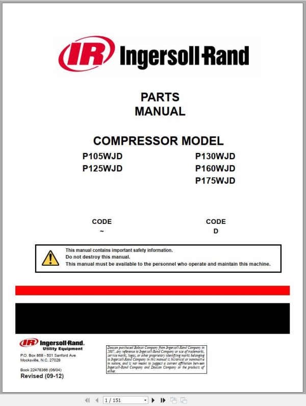 Ingersoll Rand Portable Compressor P125 Parts Manual Operation and Maintenance Manual 2012