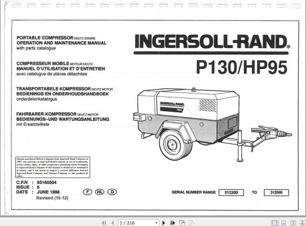 Ingersoll Rand Portable Compressor P130 Operation and Maintenance Manual 2012