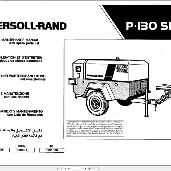Ingersoll Rand Portable Compressor P135 Parts Manual, Operation and