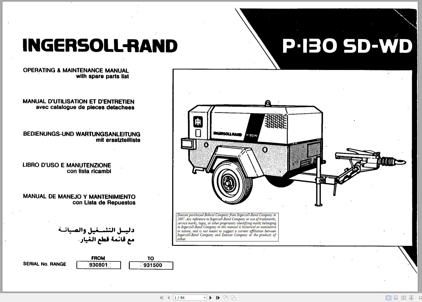 Ingersoll Rand Portable Compressor P130 Parts Manual Operation and Maintenance Manual 2012