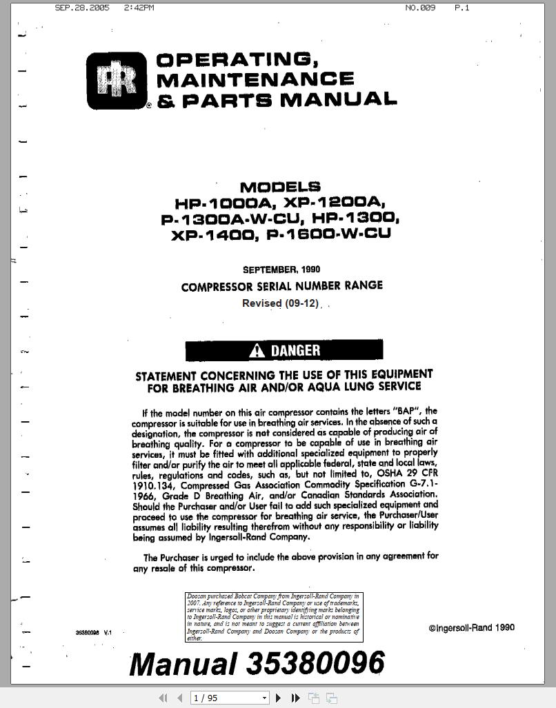 Ingersoll Rand Portable Compressor P1300 Parts Manual Operation and Maintenance Manual 2005