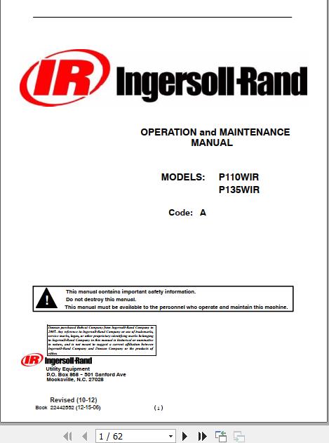 Ingersoll Rand Portable Compressor P135 Operation and Maintenance Manual 2012 1