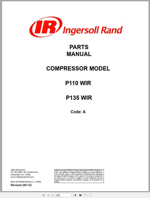 Ingersoll Rand Portable Compressor P135 Parts Manual Operation and Maintenance Manual 2012