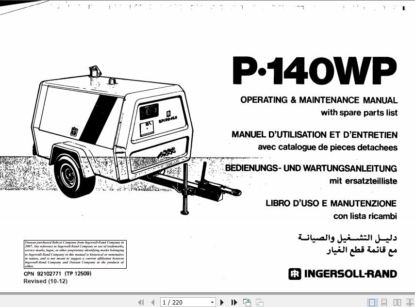 Ingersoll Rand Portable Compressor P140 Operating and Maintenance