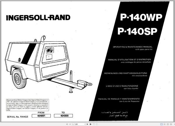 Ingersoll Rand Portable Compressor P140 Parts Manual Operation and Maintenance Manual 2012