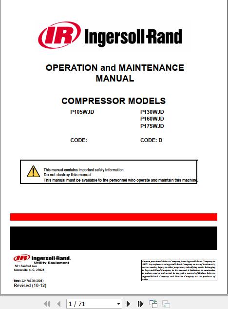 Ingersoll Rand Portable Compressor P160 Operation and Maintenance Manual 2012