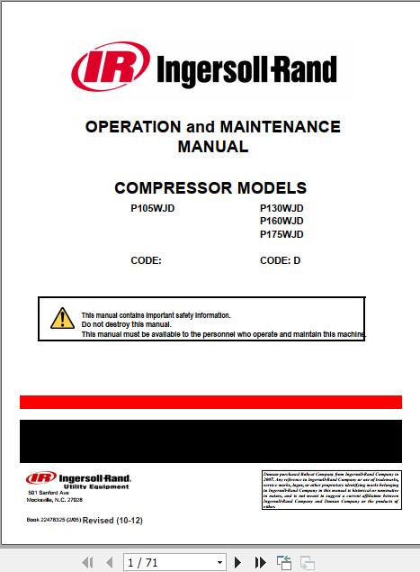 Ingersoll Rand Portable Compressor P160 Operation and Maintenance Manual 2012 1