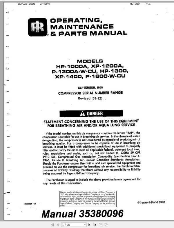 Ingersoll Rand Portable Compressor P1600 Parts Manual, Operation and