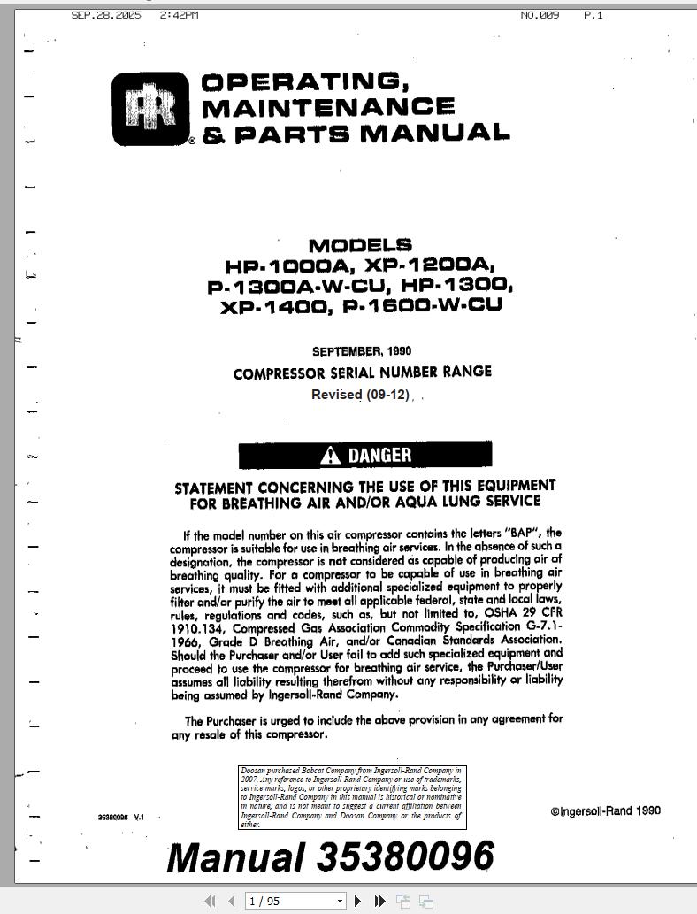 Ingersoll Rand Portable Compressor P1600 Parts Manual Operation and Maintenance Manual 2005