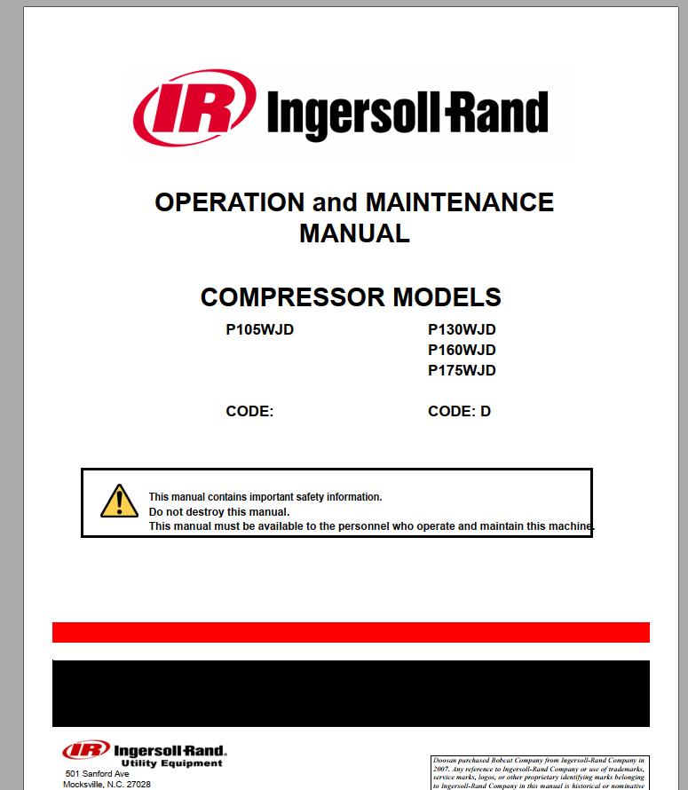 Ingersoll Rand Portable Compressor P175 Operation and Maintenance Manual 2012 1