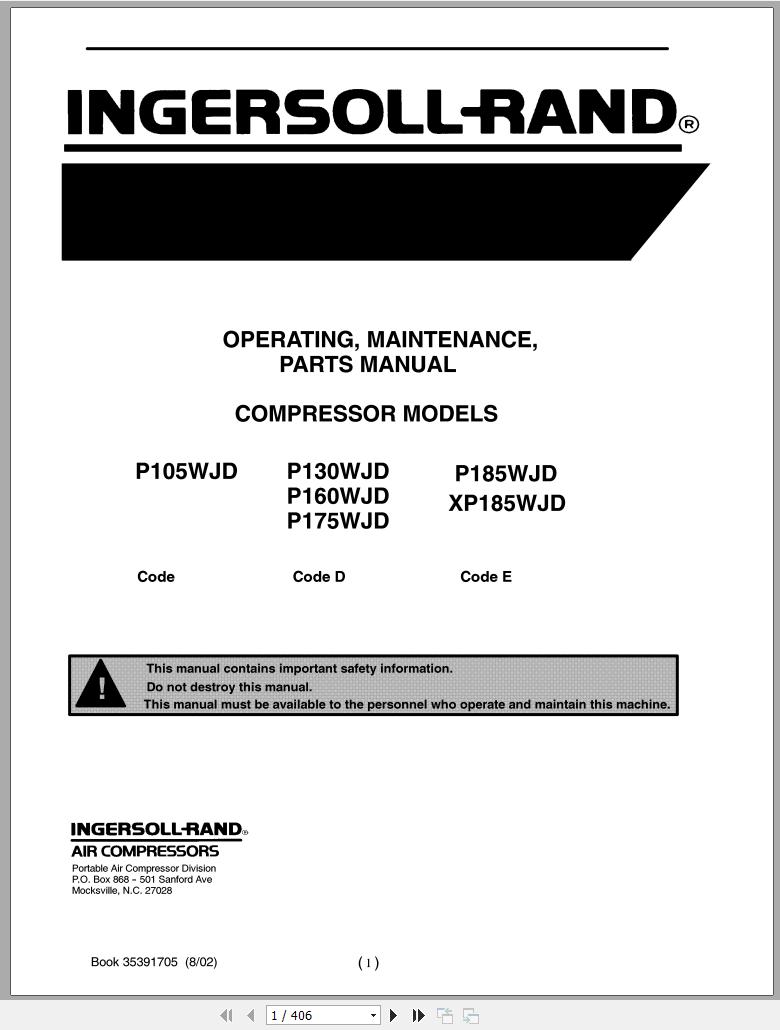 Ingersoll Rand Portable Compressor P175 Parts Manual Operation and Maintenance Manual 2012