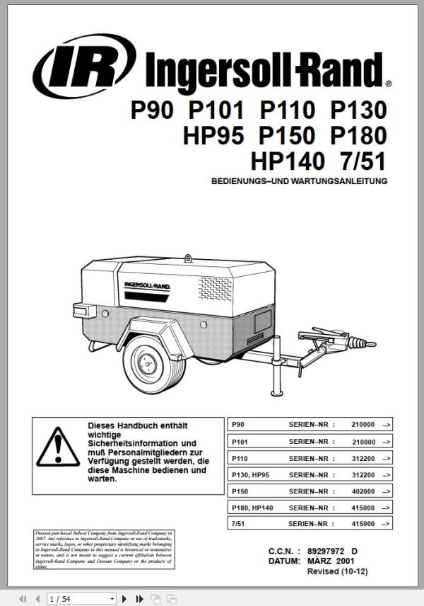 Ingersoll Rand Portable Compressor P180 Operation and Maintenance Manual 2012 1