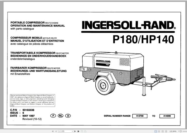 Ingersoll Rand Portable Compressor P180 Operation and Maintenance Manual 2012 2