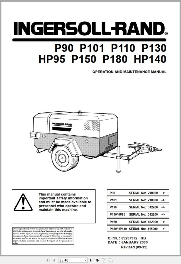 Ingersoll Rand Portable Compressor P180 Parts Manual Operation and Maintenance Manual 2012