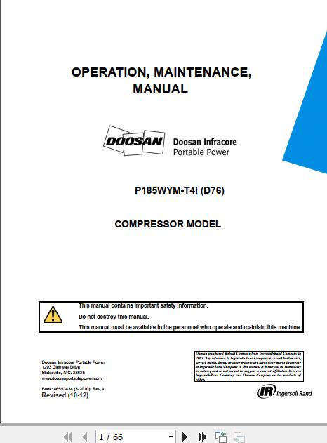 Ingersoll Rand Portable Compressor P185 Operation and Maintenance Manual 2012 1