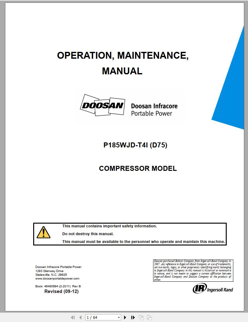Ingersoll Rand Portable Compressor P185 Parts Manual Operation and Maintenance Manual 2012