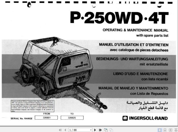 Ingersoll Rand Portable Compressor P250 Operating and Maintenance Manual 2012