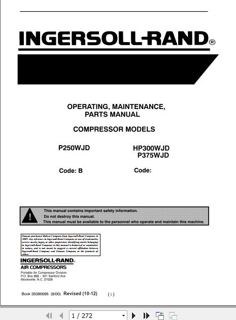 Ingersoll Rand Portable Compressor P250 Operating and Maintenance Manual 2012 1
